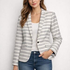 KENAR Blazer for Women  White with Horizontal Strips navy blue Size L